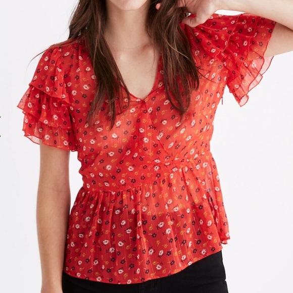 Madewell- Tiered-Sleeve Peplum Top in Metallic Prairie Posies- size 2 - Picture 1 of 5